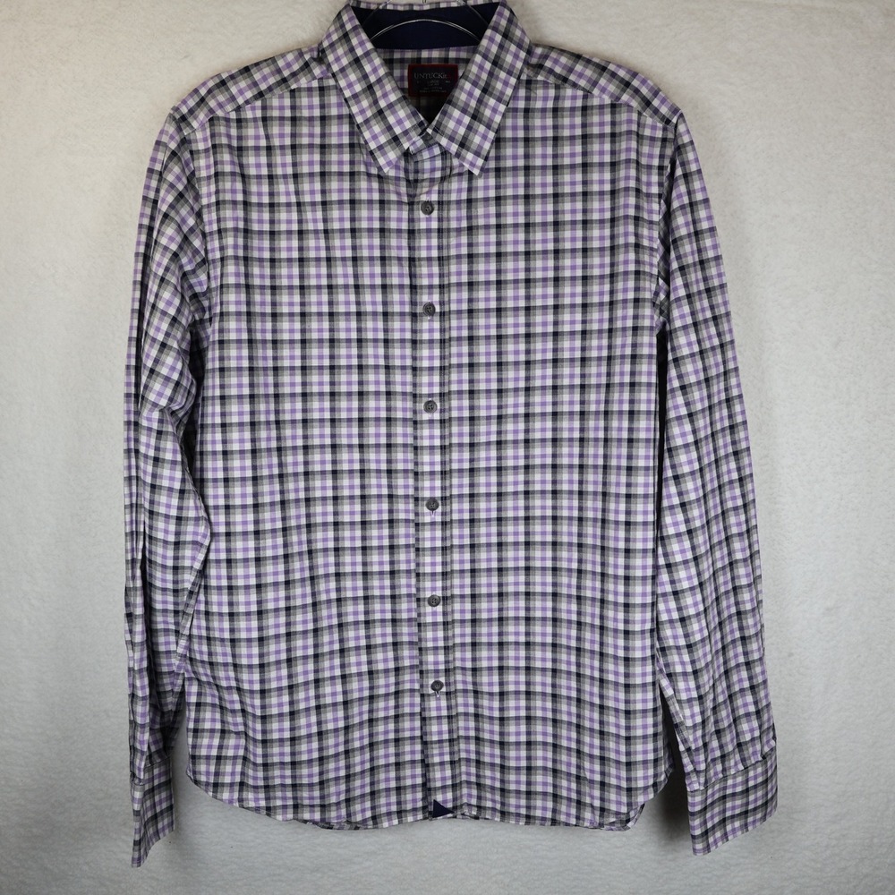 UNTUCKit Men Large Slim Fit Plaid Button Down Shirt Purple Black‎ White Cotton